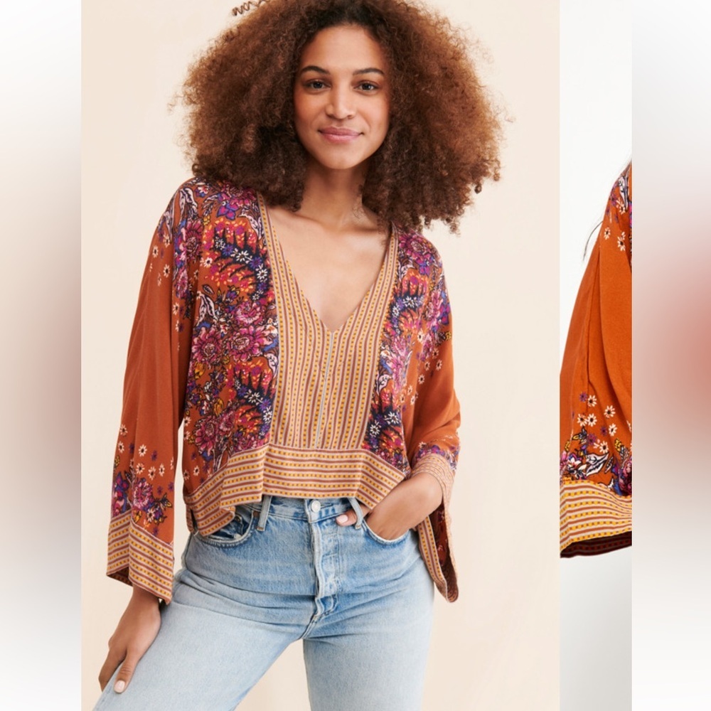 Free People Womens Rust Brown Mix N Match Floral Cropped Blouse Top size XS - Picture 2 of 6